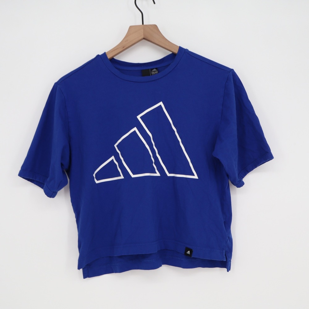 Adidas T-Shirt Womens Small Graphic Logo Blue Boxy Cropped Excellent